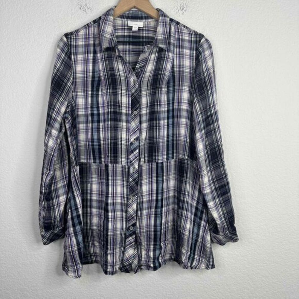 J.Jill Shirt Womens Large Purple Plaid Button Up Long Sleeve Casual Relaxed Boho